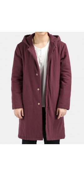 Mens National Cotton Linen Hooded Collar Solid Color Long Sleeve Thicken Coat Casual Midlong Jacket