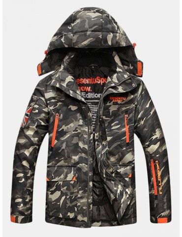 Mens Camo Printing Detachable Hooded Multi Pockets Outdoor Windproof Thickened Warm Jacket