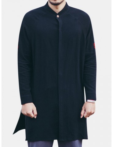 Mens Solid Color Single-breasted Mid Long Linen Loose Vintage Casual Jacket