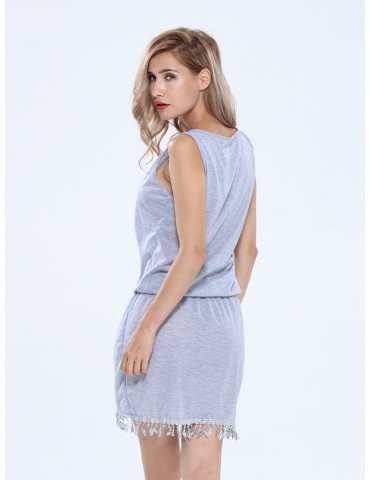 Sexy Deep V Neck Tassel Irregular Hem Sleeveless Tunic Women Mini Dress