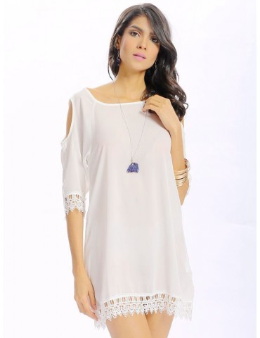 Women Casual Crochet lace Off Shoulder O-neck Half Sleeve Loose Mini Dress