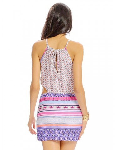 Women Sexy Printing Halter Hollow Bandage Spaghetti Strap Mini Dress