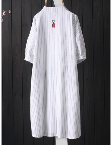 Vintage Embroidery Striped Short Sleeve Dress