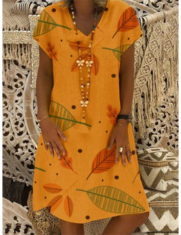 Vintage Print Leaves Short Sleeve V Neck Dress
