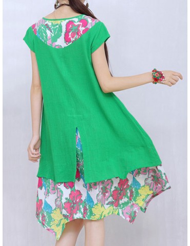 Floral Print Fake Two Piece Short Sleeve V-neck Dress For Women