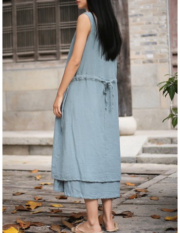 Sleeveless Pure Color Drawstring Layered Vintage Dresses