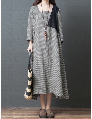 Vintage Plaid Patchwork Square Collar Dress