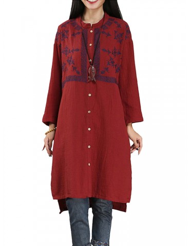 Vintage Embroidery Mandarin Collar Long Sleeve Women Dresses