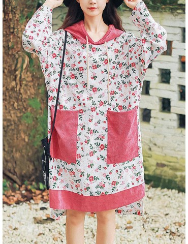 Vintage Floral Pocket Patch Hooded Corduroy Dress