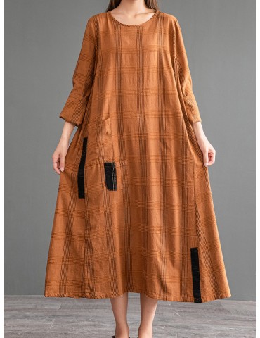 Vintage Patch Pocket Long Sleeve Dress For Women