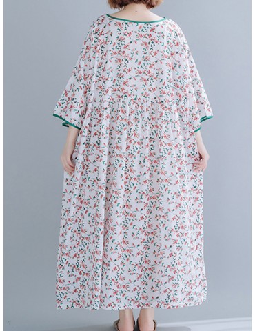 Vintage Floral Printed loose V-neck Dress
