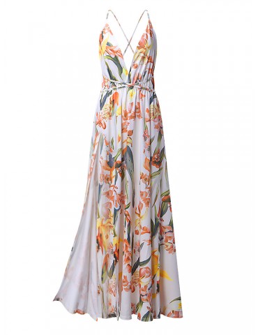 Sexy Floral Print Backless Camisole Splited Maxi Dresses