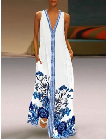 Vintage Print Sleeveless V-neck Dress