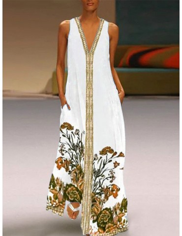 Vintage Print Sleeveless V-neck Dress