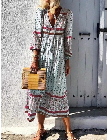 Bohemian Long Sleeve V-neck Pullover Print Long Dress