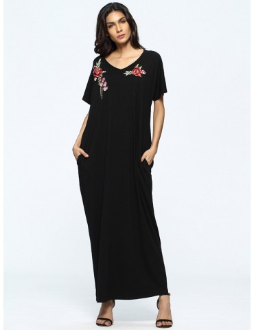 Floral Embroidered Loose Short Sleeve V-neck Maxi Dress For Women