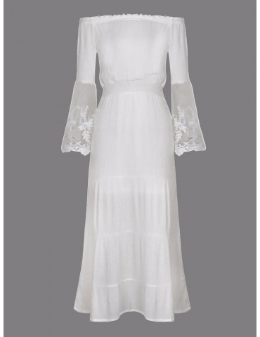 Women Off-shoulder Lace Stitching Long Horn Sleeve Maxi Dress