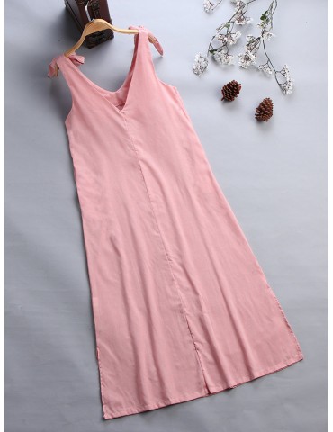 Bowknots V Neck Solid Color Straps Maxi Dress