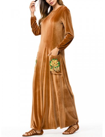 Islam Muslim Velvet Embroidery Pocket Brown Long Sleeve Dress