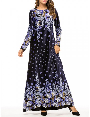 Vintage Velvet Crew Neck Long Sleeve Maxi Dress