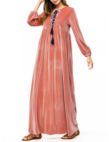 Islam Muslim Velvet Embroidery Pink Long Sleeve Dress