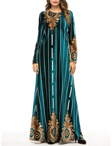 Velvet Printed Striped Long Sleeve Islam Muslim Long Dress