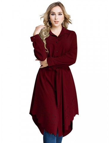 Long Sleeve Pure Color Buttons Shirt Dresses For Women