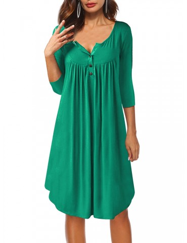 Button Fly O-neck Pleated Casual Dresses
