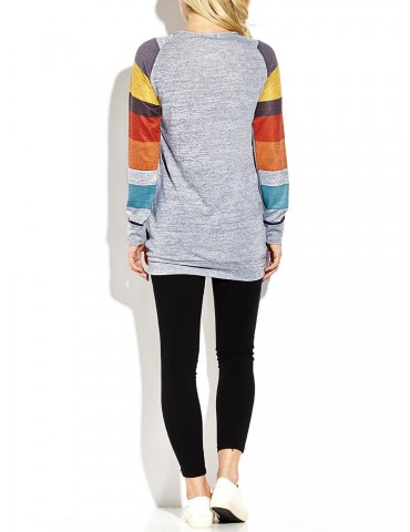 Women Casual Stripe Stitching Long Sleeve O-neck Mini Dress