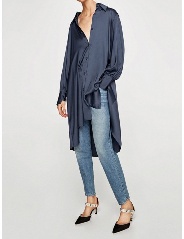 Long Sleeve Dark Blue Asymmetrical Casual Shirt Dresses