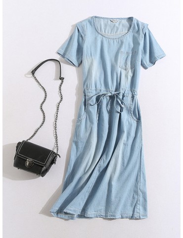 Denim Pocket Short Sleeve O-neck Casual Dresses