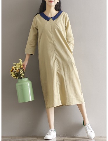 Casual Loose Patchwork 3/4 Sleeve O-neck Women Mid-long Dress