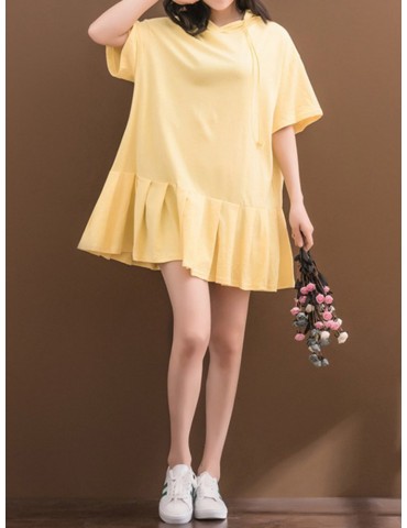 Solid Pleated Loose Hooded Half Sleeve Women Casual Dresses