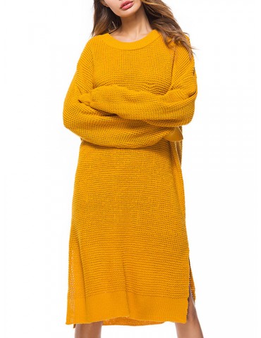 Casual Pure Color Side Splited Long Sleeve Women Sweater Dresses