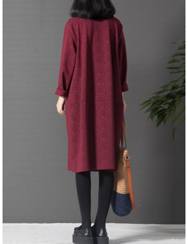 Women Printed Turtleneck Printed Pocket Long Sleeve Casual Dresses