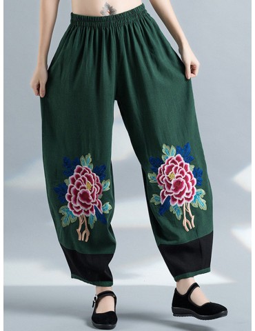 Vintage Embroidery Elastic Waist Women Wide Leg Pants