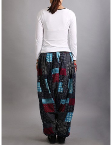 Ethnic Print Patchwork Elastic Waist Women Lantern Pants
