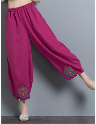 Vintage Embroidery Casual Loose Women Wide Leg Pants