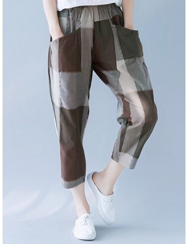Patchwork Contrast Color Elastic Waist Casual Pants