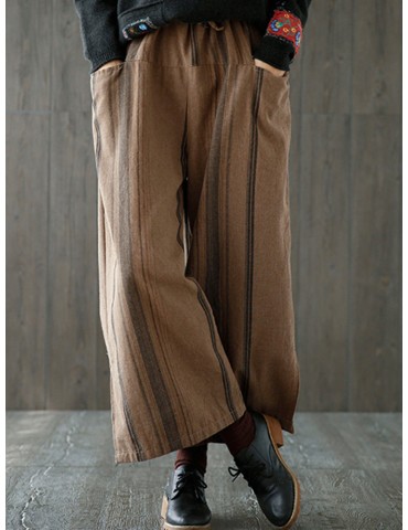 Vintage Stripe Splited Wide Leg Women Pants