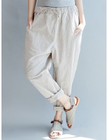 Loose Drawstring Waist Stripe Print Casual Harem Pants