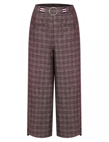 Casual Plaid Elastic Waist Women Woolen Wide Leg Pants