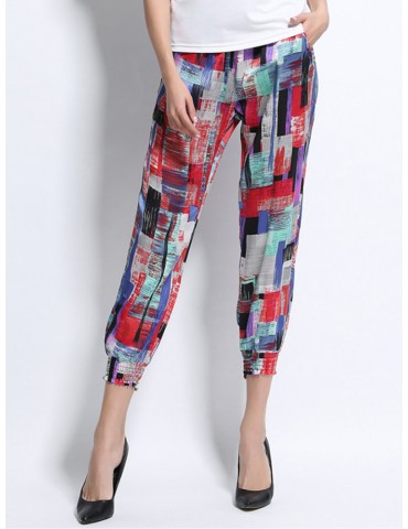 Women Printed Elastic Waist Ankle-Length Bloomers Casual Pants
