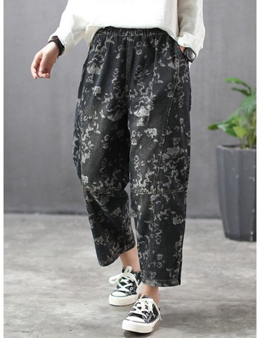Printed Patchwork Pocket Loose Ankle Length Jeans