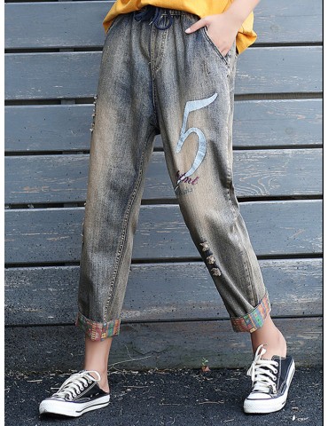 Embroidered Number Casual Loose Harem Jeans