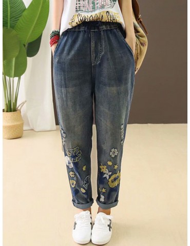 Casual Holes Flowers Embroidery Loose Old Harem Jeans