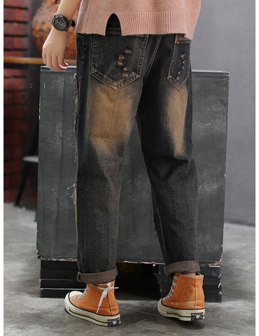 Plaid Embroidered Patchwork Drawstring Jeans For Women