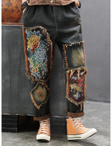 Patchwork Floral Embroidered Jeans For Women