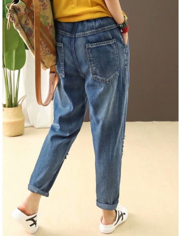 Stripe Embroidered Elastic Waist Ripped Jeans For Women
