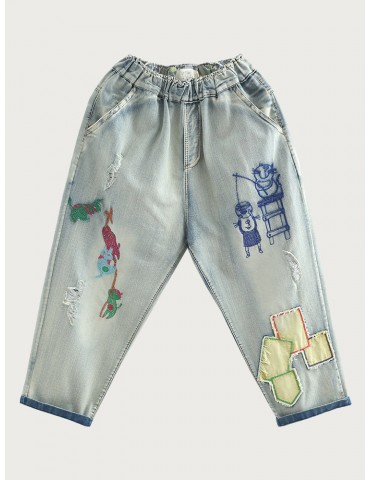 Vintage Embroidered Patch Elastic Waist Harem Denim